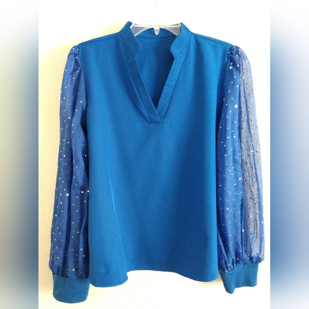 Pretty Shein Blue Blouse with Sheer Sleeves and Silver Metallic Sparkle Medium